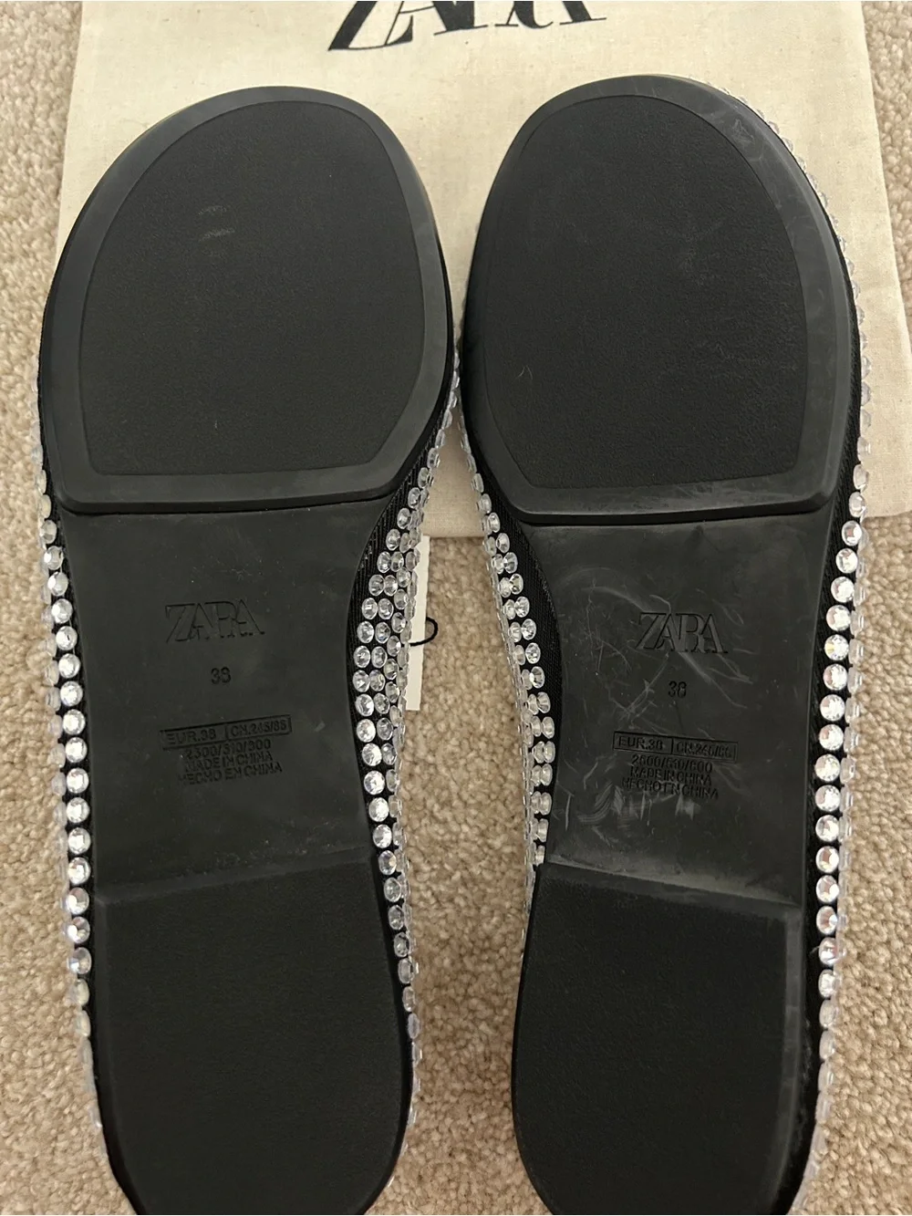 Zara black ballet flats with silver rhinestones
